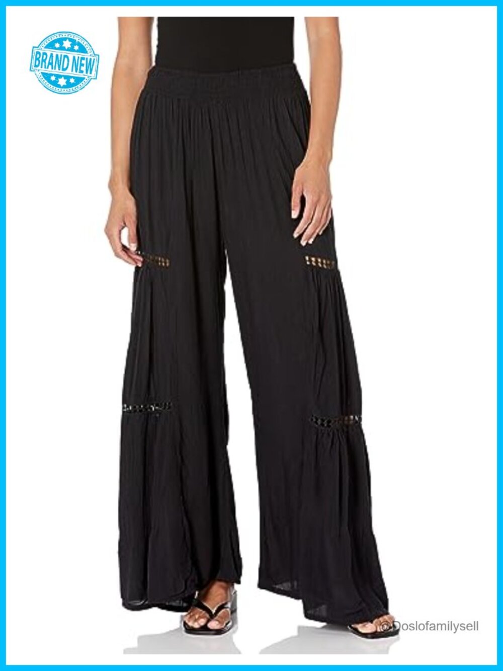 Wide Leg Palazzo Pants Lace Inserts Smocked High Rise Pull On Work